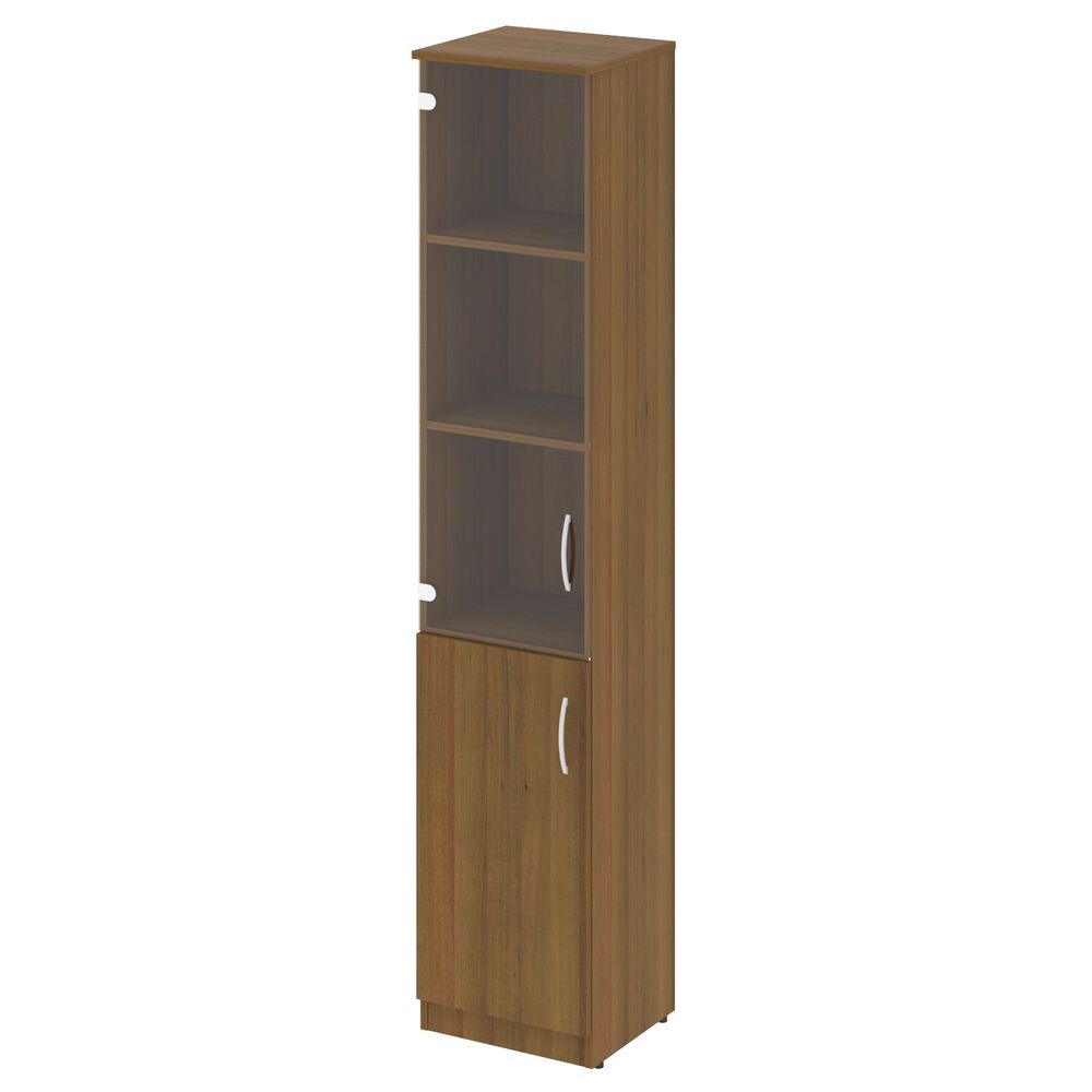 Шкаф высокий узкий (1 низкая дверь ЛДСП, 1 средняя дверь стекло) левый