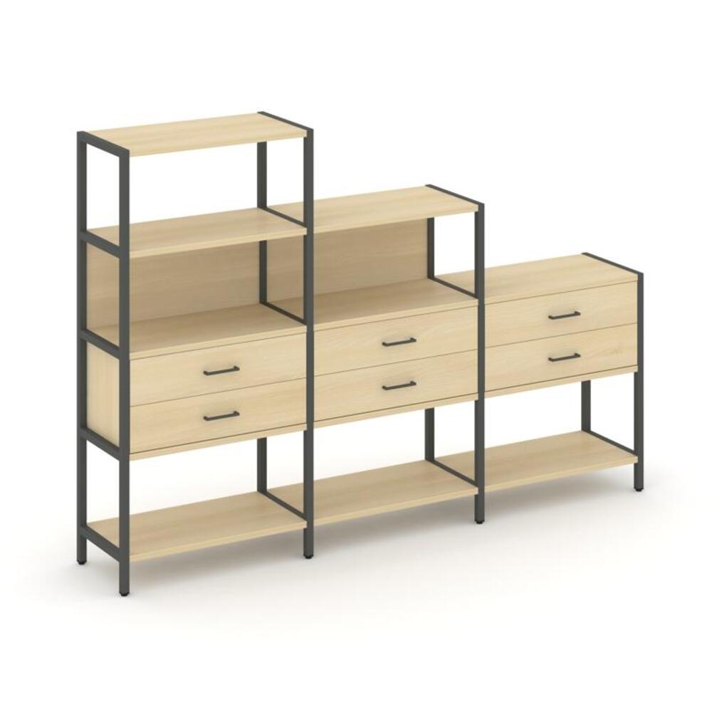 Трехсекционный стеллаж четырех/трех/двухярусный с ящиками