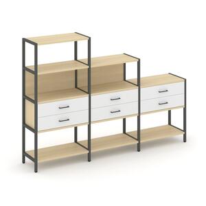 Трехсекционный стеллаж четырех/трех/двухярусный с ящиками