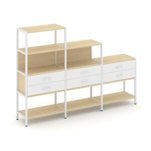 Трехсекционный стеллаж четырех/трех/двухярусный с ящиками