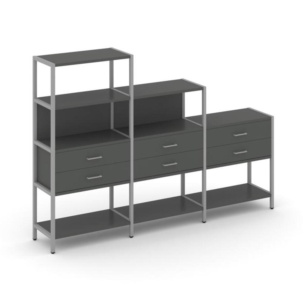 Трехсекционный стеллаж четырех/трех/двухярусный с ящиками