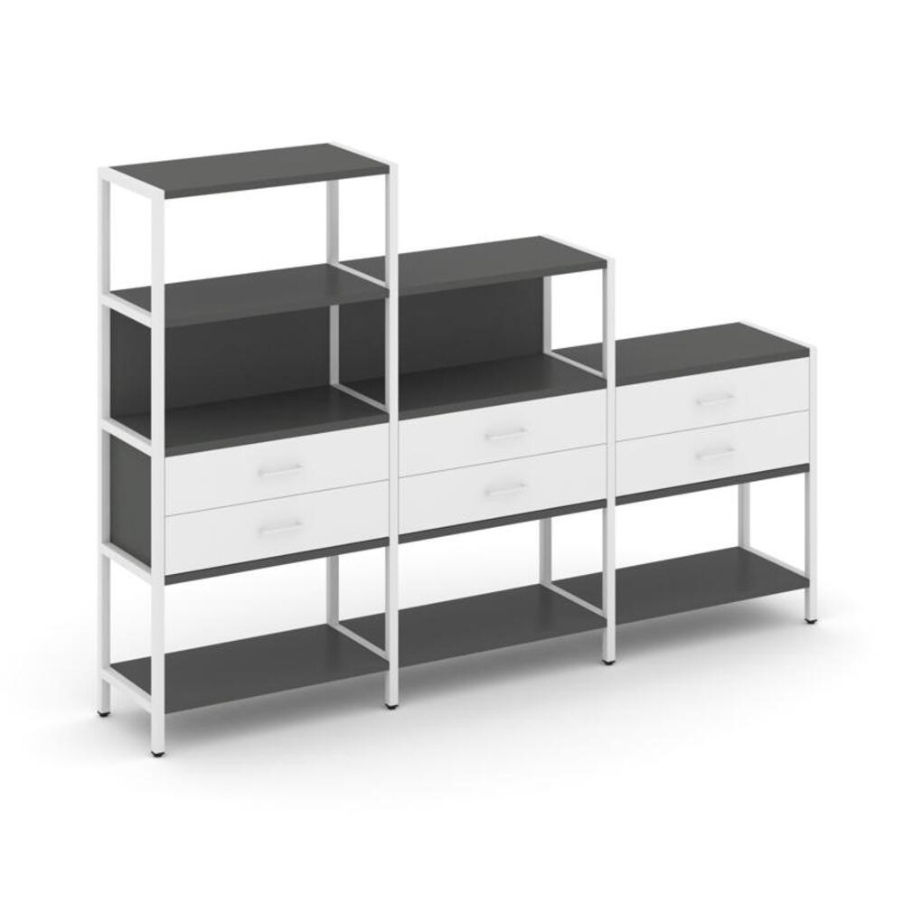 Трехсекционный стеллаж четырех/трех/двухярусный с ящиками