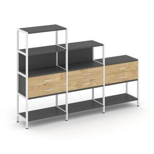 Трехсекционный стеллаж четырех/трех/двухярусный с ящиками