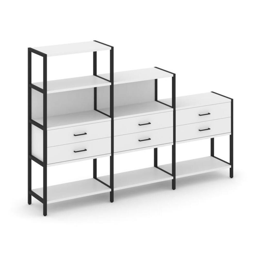 Трехсекционный стеллаж четырех/трех/двухярусный с ящиками