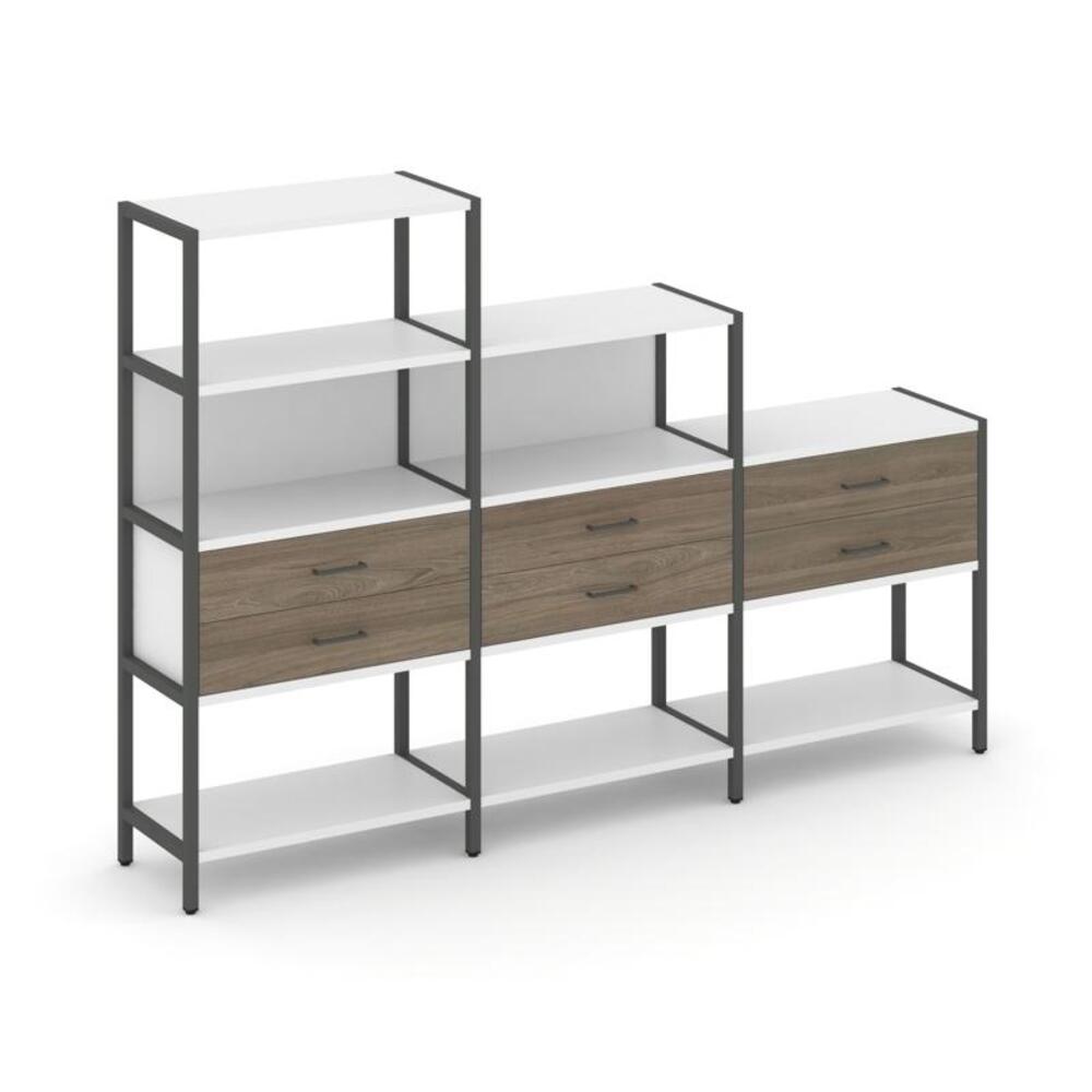 Трехсекционный стеллаж четырех/трех/двухярусный с ящиками