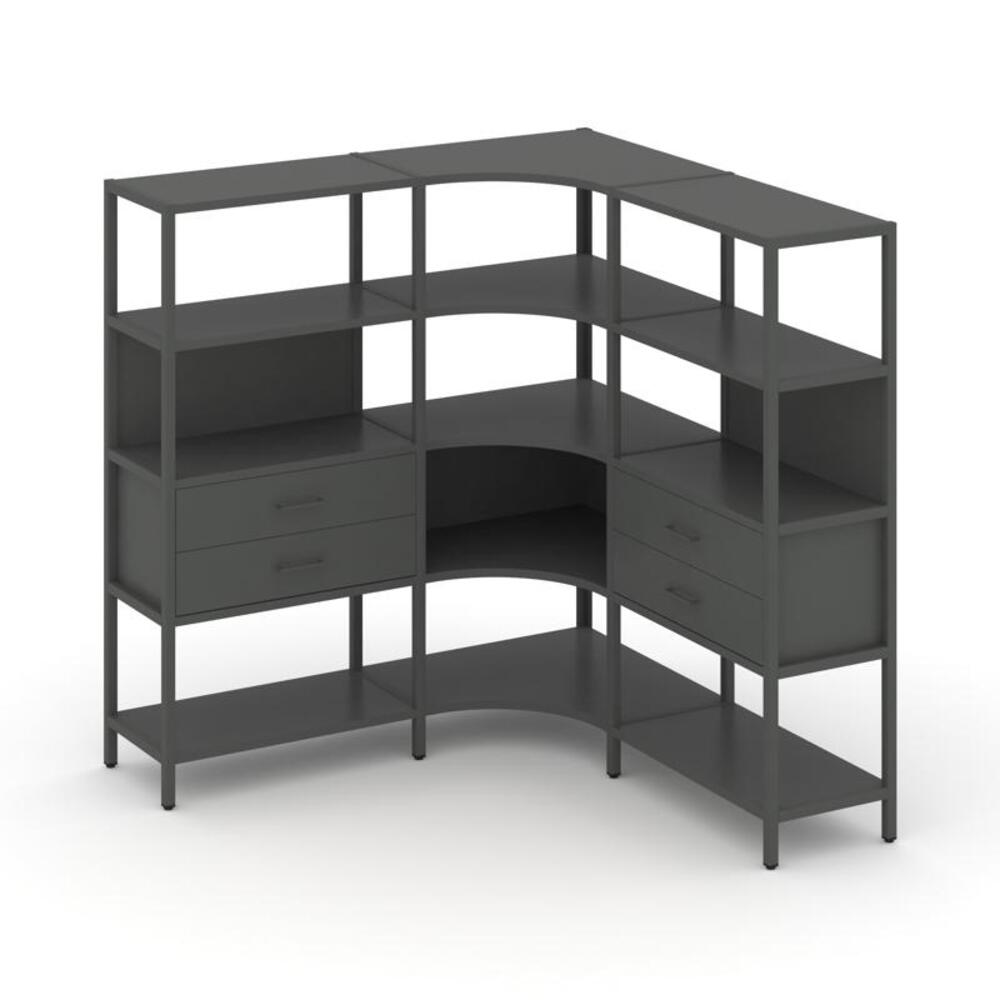 Трехсекционный угловой стеллаж четырехярусный с ящиками