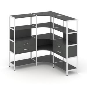 Трехсекционный угловой стеллаж четырехярусный с ящиками