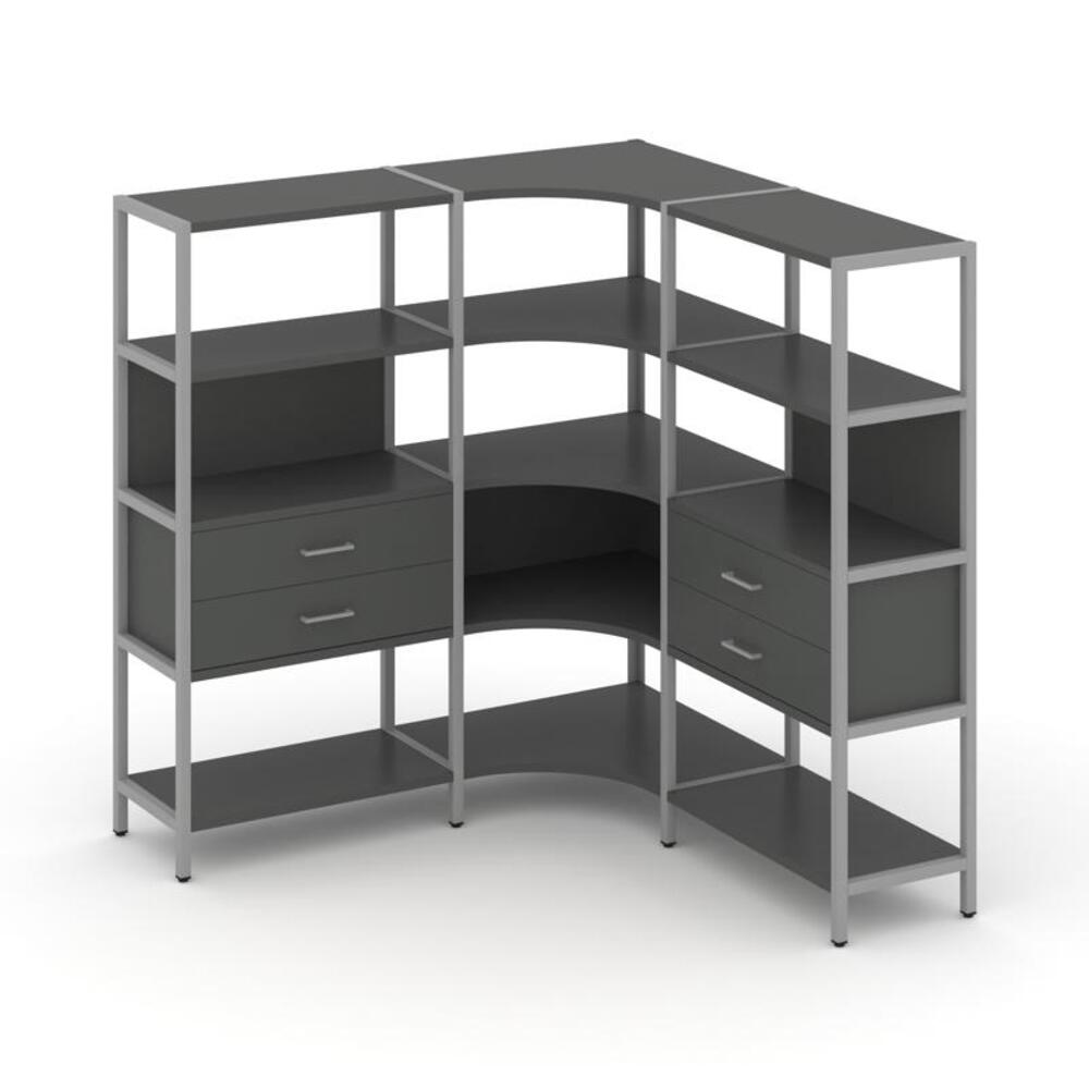 Трехсекционный угловой стеллаж четырехярусный с ящиками