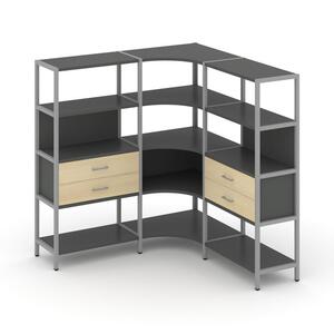 Трехсекционный угловой стеллаж четырехярусный с ящиками
