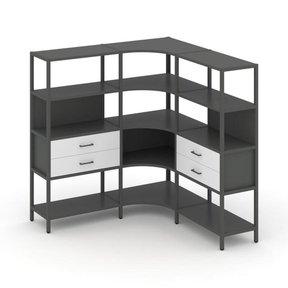 Трехсекционный угловой стеллаж четырехярусный с ящиками