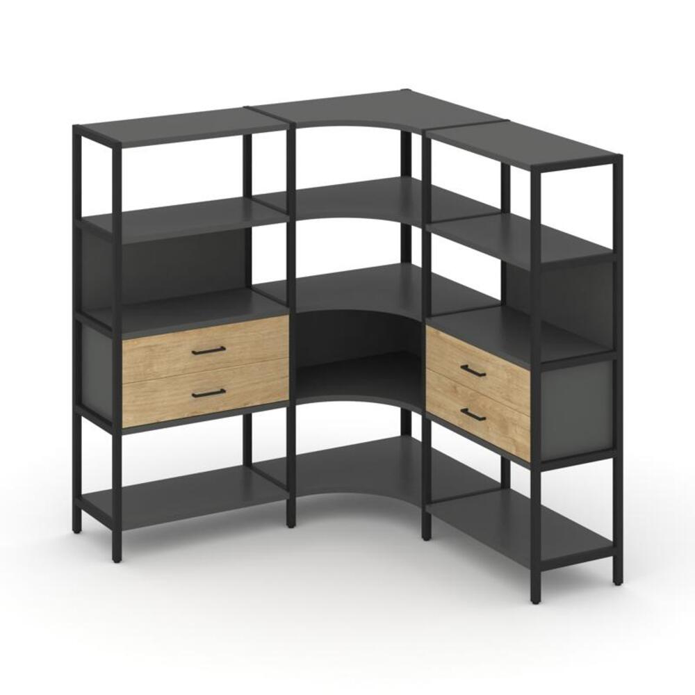 Трехсекционный угловой стеллаж четырехярусный с ящиками