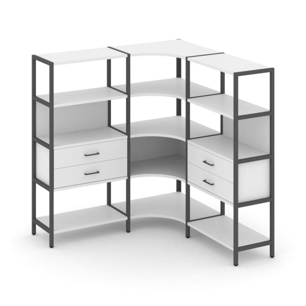 Трехсекционный угловой стеллаж четырехярусный с ящиками