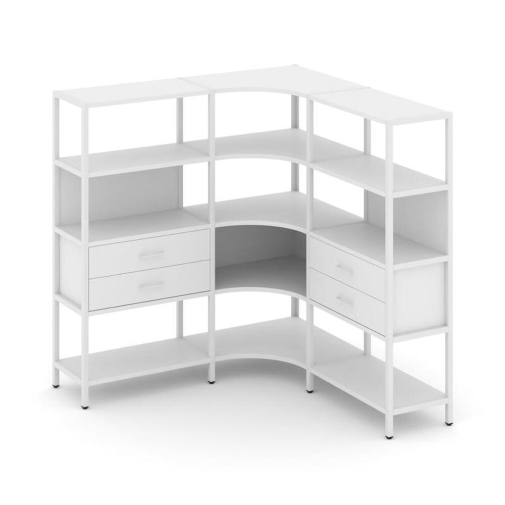 Трехсекционный угловой стеллаж четырехярусный с ящиками