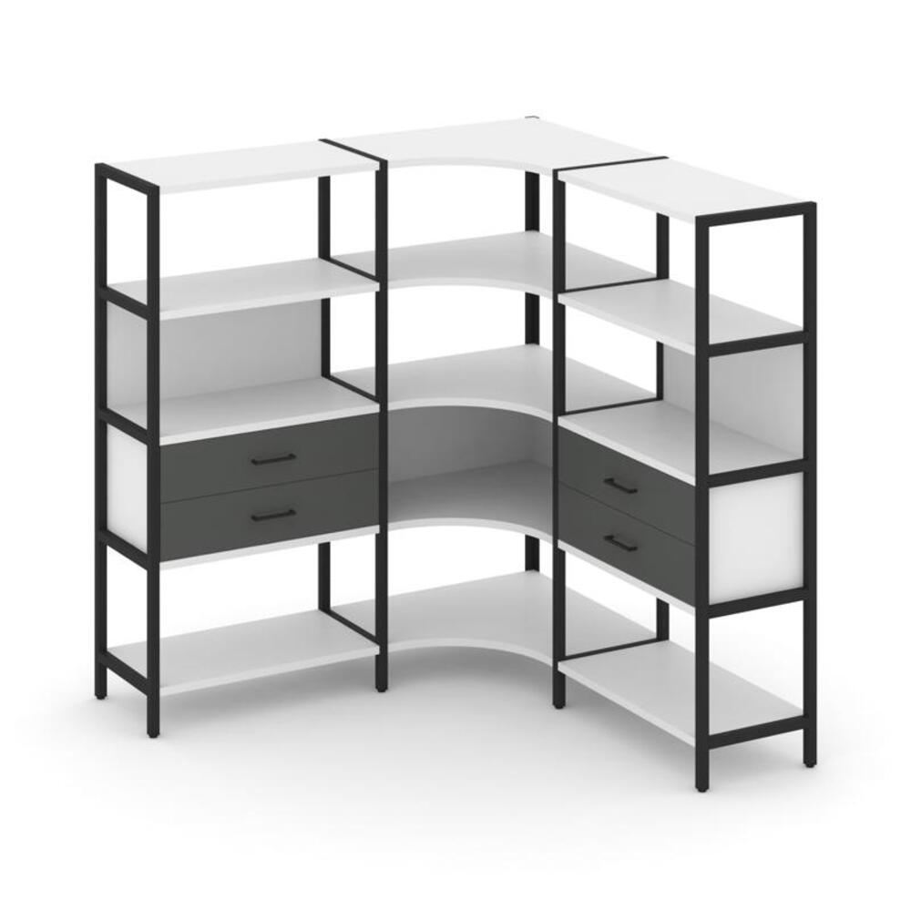 Трехсекционный угловой стеллаж четырехярусный с ящиками