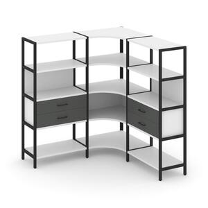 Трехсекционный угловой стеллаж четырехярусный с ящиками