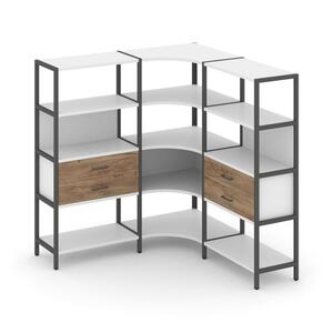 Трехсекционный угловой стеллаж четырехярусный с ящиками