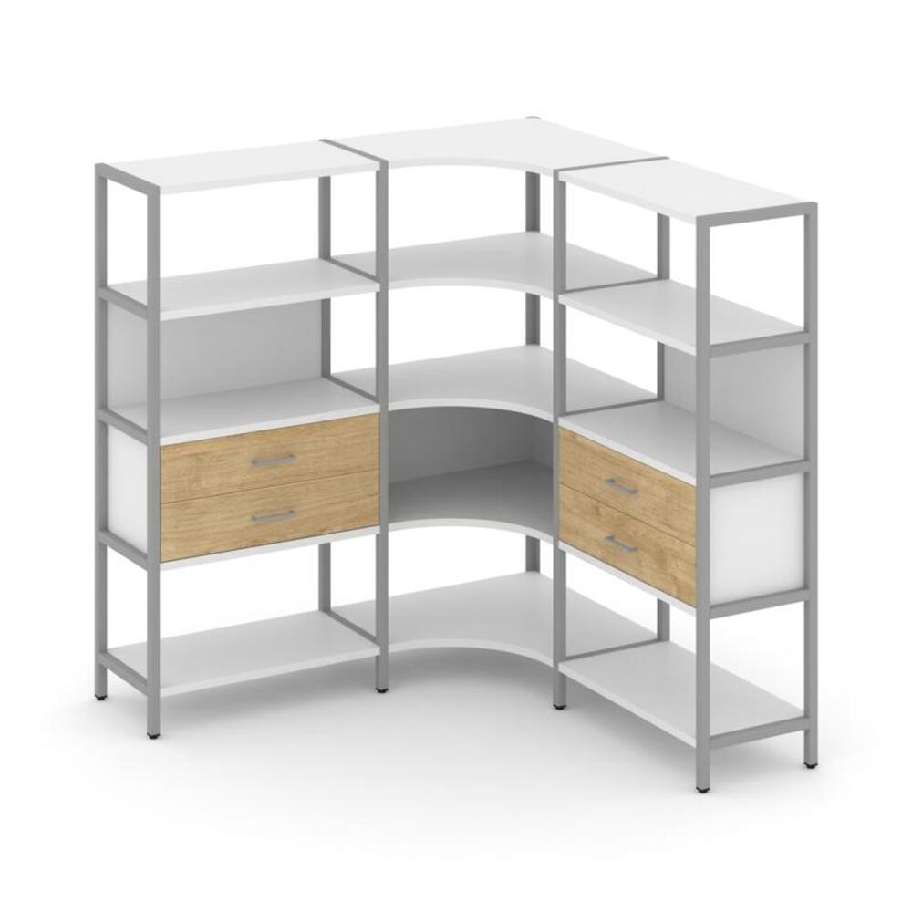 Трехсекционный угловой стеллаж четырехярусный с ящиками
