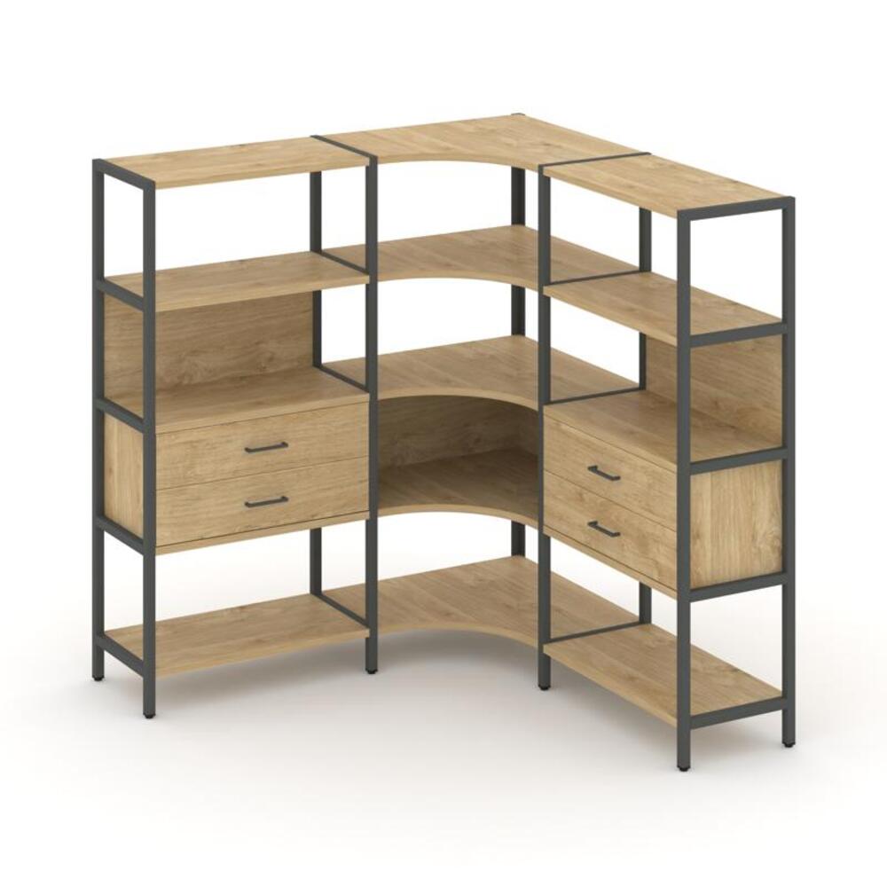Трехсекционный угловой стеллаж четырехярусный с ящиками