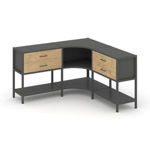 Трехсекционный угловой стеллаж двухярусный с ящиками