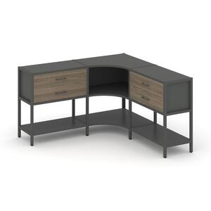 Трехсекционный угловой стеллаж двухярусный с ящиками