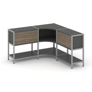 Трехсекционный угловой стеллаж двухярусный с ящиками