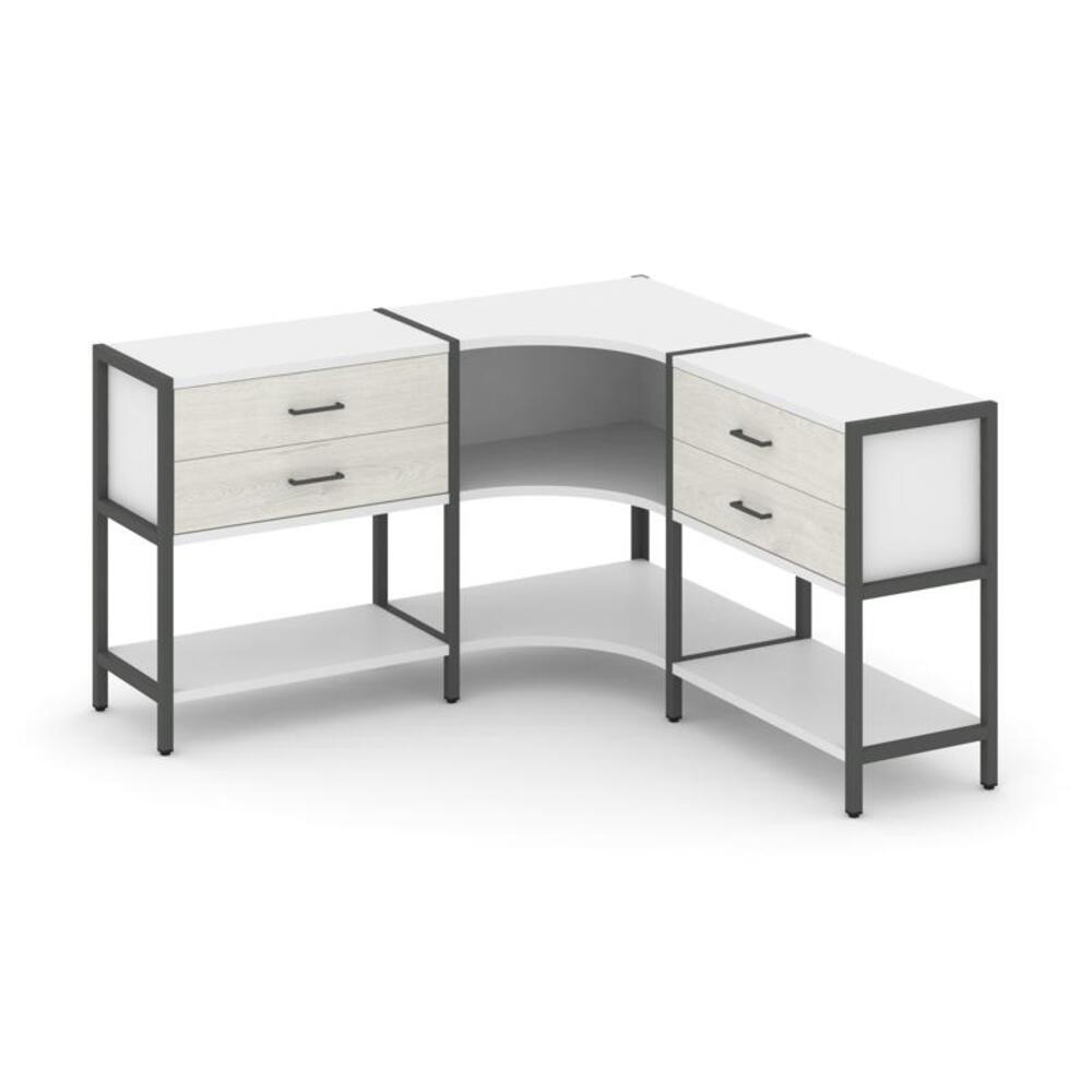 Трехсекционный угловой стеллаж двухярусный с ящиками