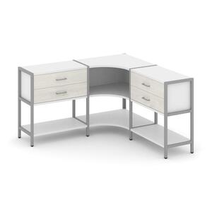 Трехсекционный угловой стеллаж двухярусный с ящиками