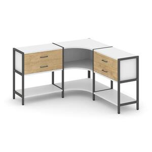 Трехсекционный угловой стеллаж двухярусный с ящиками