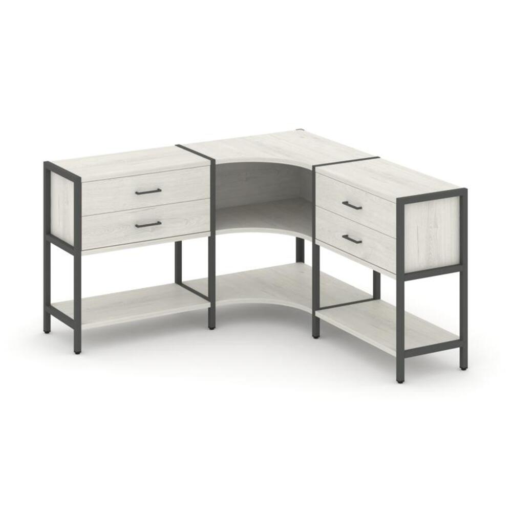 Трехсекционный угловой стеллаж двухярусный с ящиками