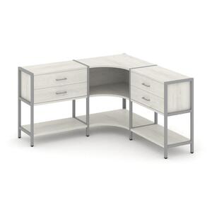 Трехсекционный угловой стеллаж двухярусный с ящиками