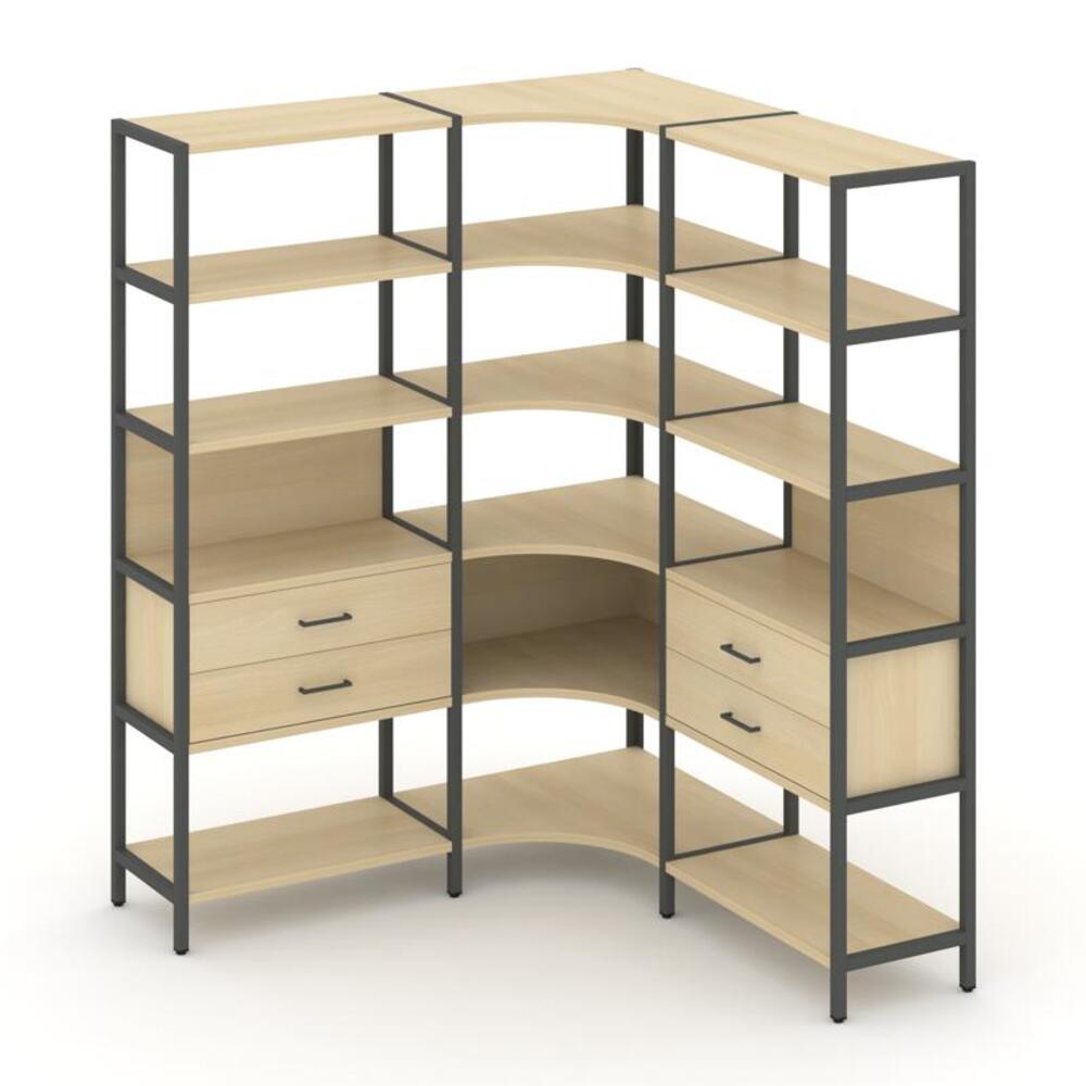 Трехсекционный угловой стеллаж пятиярусный с ящиками