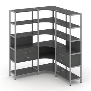 Трехсекционный угловой стеллаж пятиярусный с ящиками