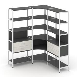 Трехсекционный угловой стеллаж пятиярусный с ящиками