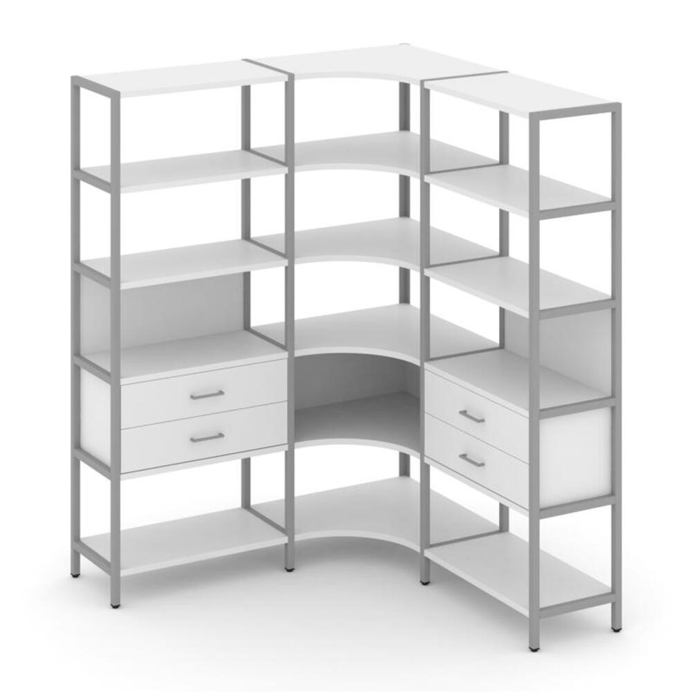 Трехсекционный угловой стеллаж пятиярусный с ящиками