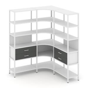 Трехсекционный угловой стеллаж пятиярусный с ящиками