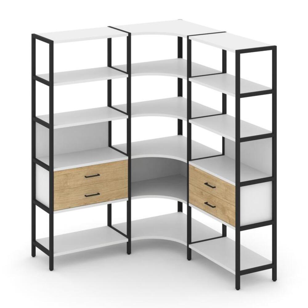 Трехсекционный угловой стеллаж пятиярусный с ящиками