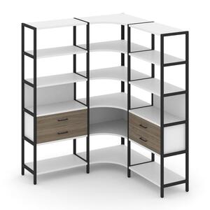 Трехсекционный угловой стеллаж пятиярусный с ящиками