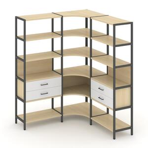Трехсекционный угловой стеллаж пятиярусный с ящиками