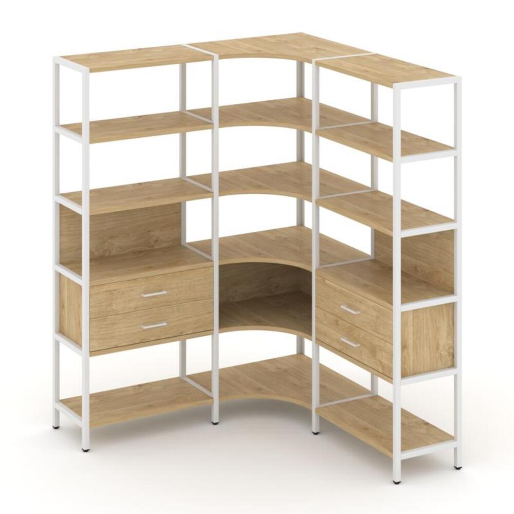 Трехсекционный угловой стеллаж пятиярусный с ящиками