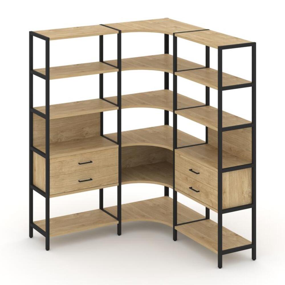Трехсекционный угловой стеллаж пятиярусный с ящиками