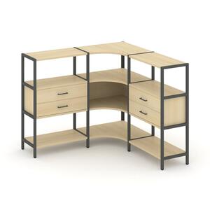 Трехсекционный угловой стеллаж трехярусный с ящиками