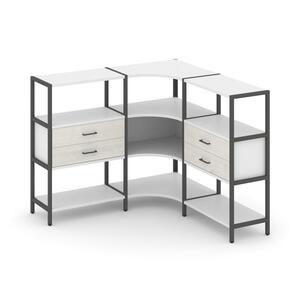 Трехсекционный угловой стеллаж трехярусный с ящиками