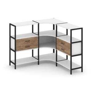 Трехсекционный угловой стеллаж трехярусный с ящиками
