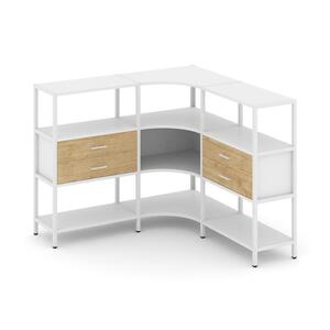 Трехсекционный угловой стеллаж трехярусный с ящиками