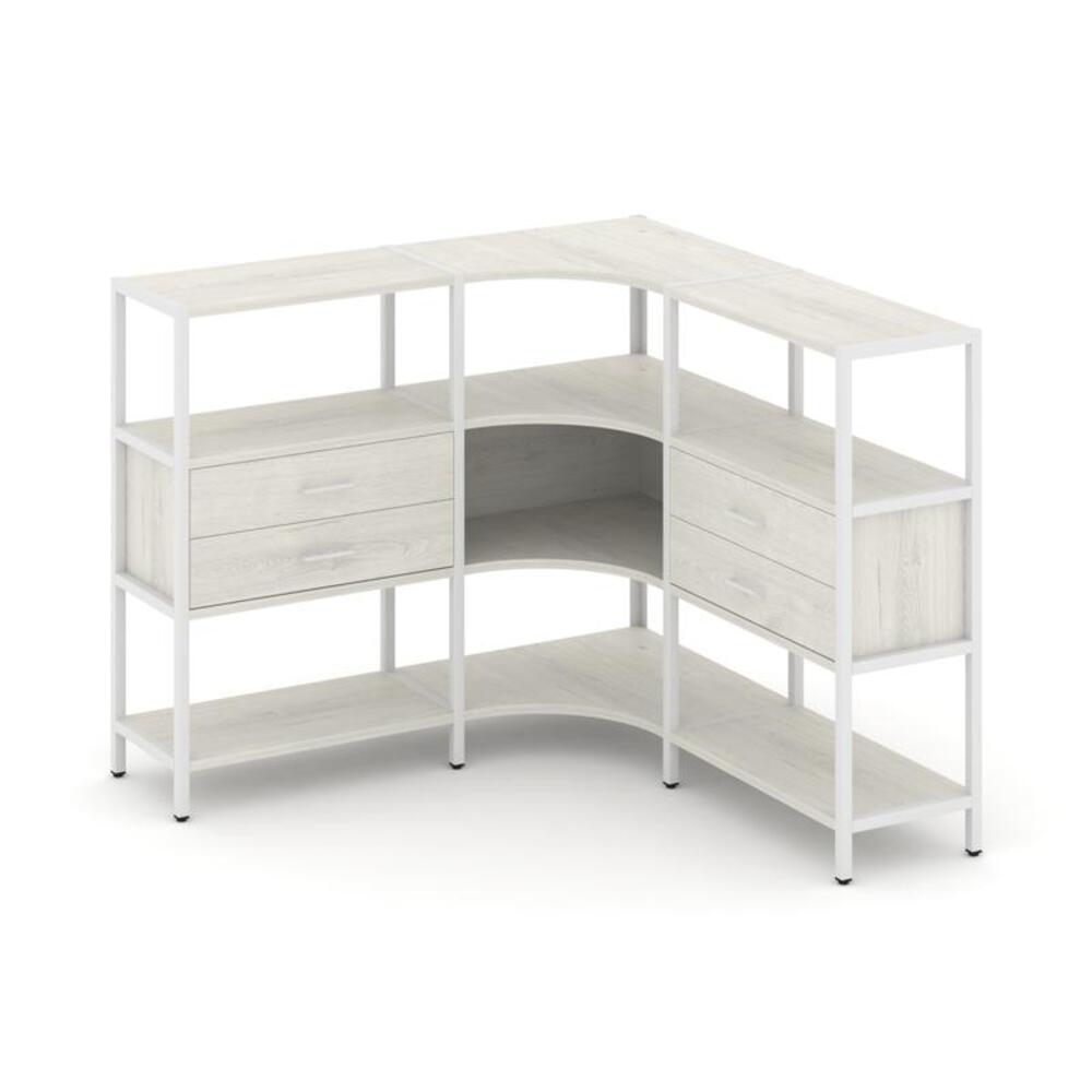 Трехсекционный угловой стеллаж трехярусный с ящиками