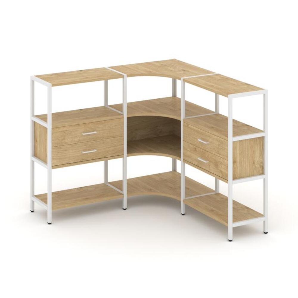 Трехсекционный угловой стеллаж трехярусный с ящиками