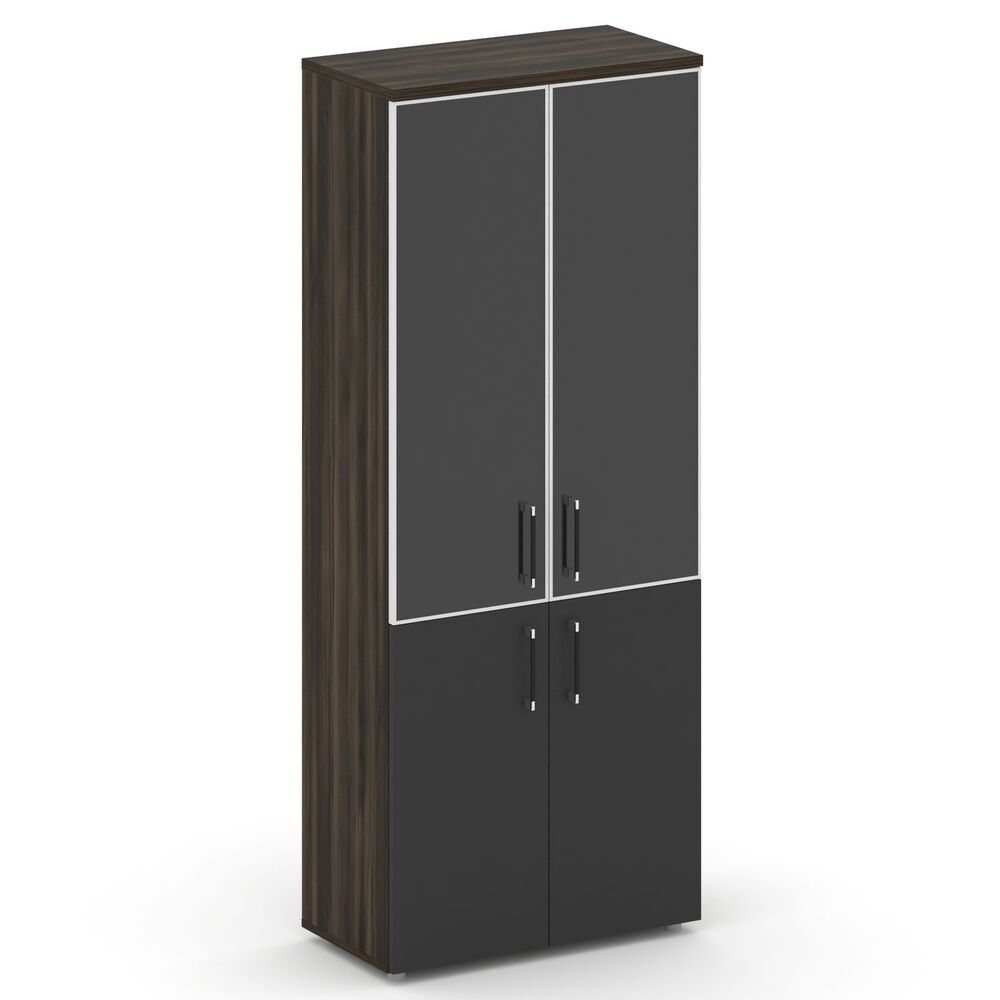 Шкаф высокий широкий (2 низких фасада ЛДСП+2 средних фасада стекло лакобель черный в раме)