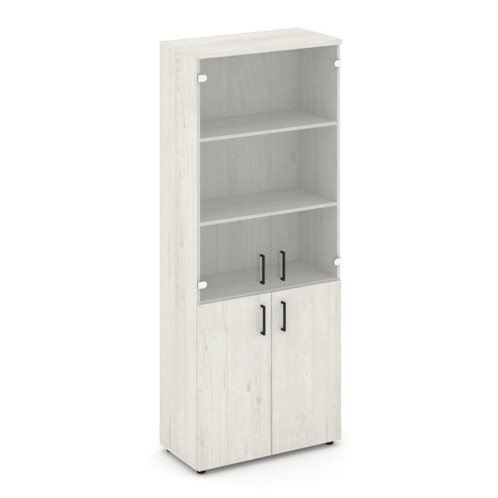 Шкаф высокий широкий (2 низких фасада ЛДСП + 2 средних фасада стекло прозрачное)