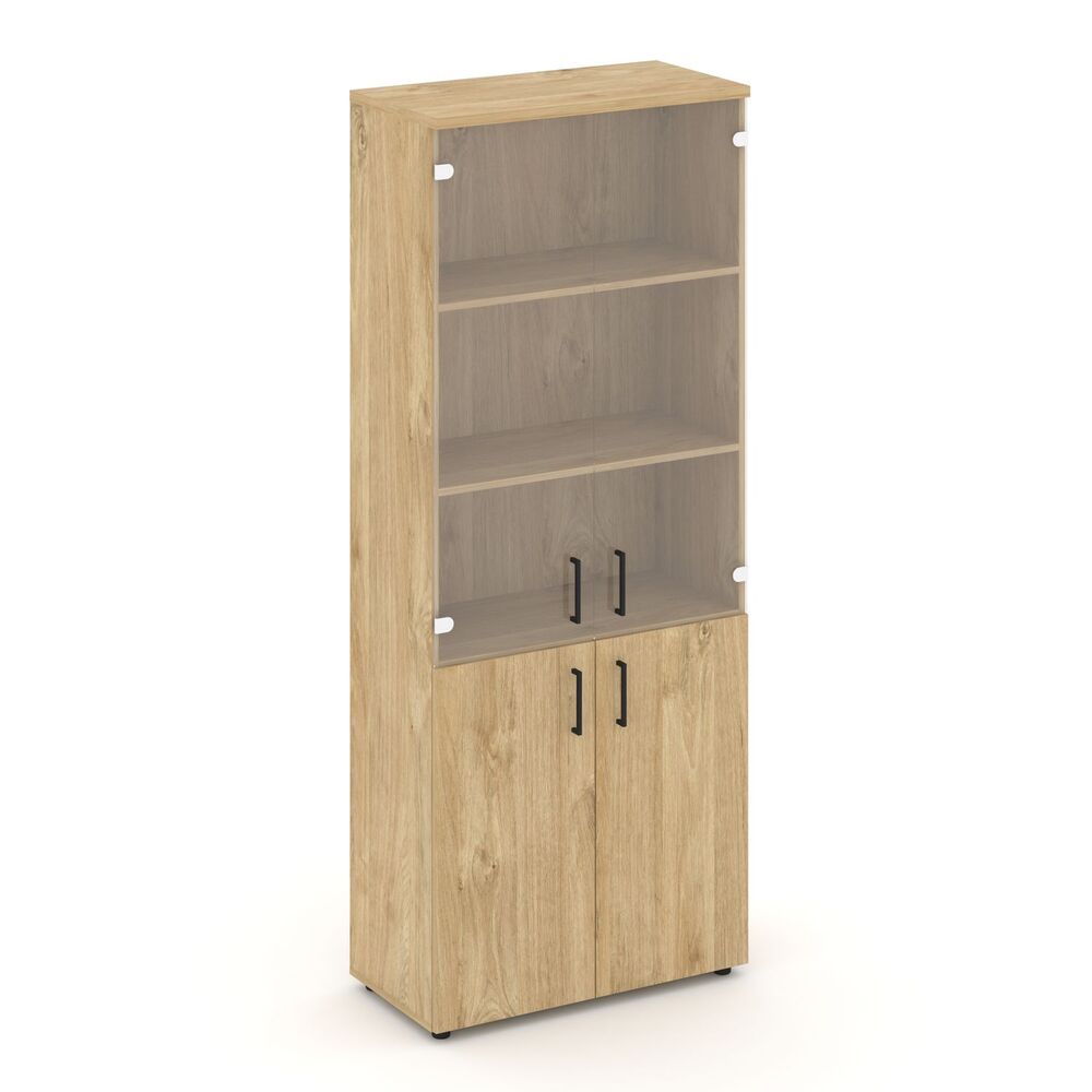 Шкаф высокий широкий (2 низких фасада ЛДСП + 2 средних фасада стекло прозрачное)