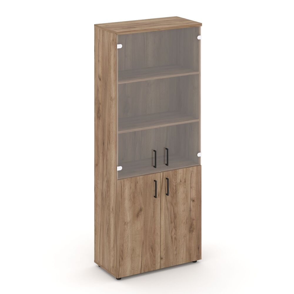 Шкаф высокий широкий (2 низких фасада ЛДСП + 2 средних фасада стекло прозрачное)